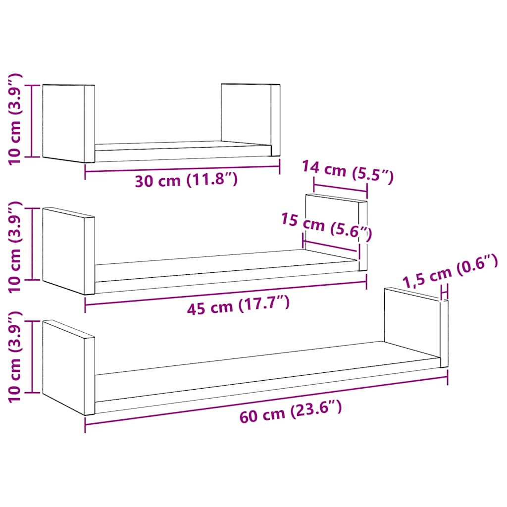 Prateleiras parede 3 pcs derivados madeira carvalho preto