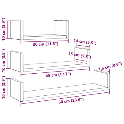 Prateleiras parede 3 pcs derivados madeira carvalho preto