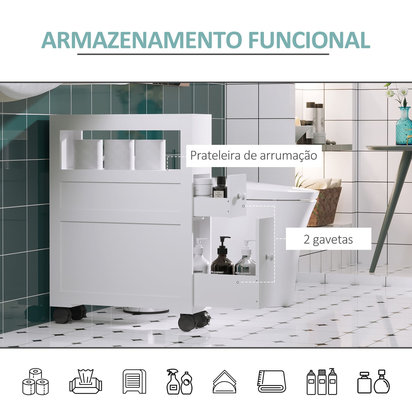 HOMCOM Móvel Auxiliar Casa de Banho Móvel Casa de Banho para Espaços Reduzidos com 4 Rodas Prateleira Aberta e Gavetas 16x52x71,5 cm Branco