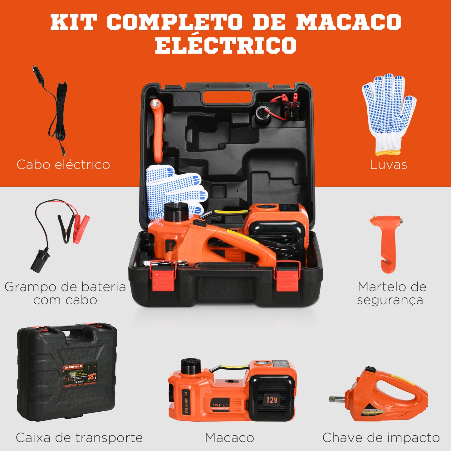 DURHAND Kit de Macaco Elétrico para Carro 12V Macaco Elétrico para até 5 Toneladas de 15,5x45cm com Reparação para Pneus Luz LED e Inflador para Carro SUV Sedan 36x33x16cm Laranja