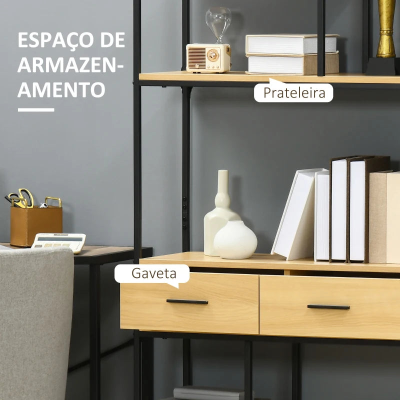 Estante Clarys - Cor Madeira e Preto - Com 5 Prateleiras e 2 Gavetas - 80x30x170,5 cm - Design Moderno