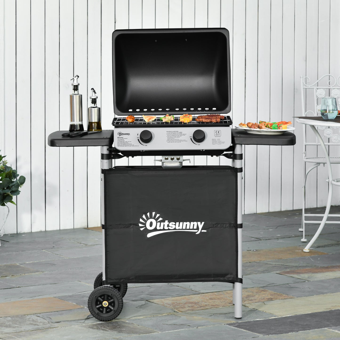 Outsunny Barbecue a Gás com 2 Queimadores 2,8 KW Barbecue a Gás com 2 Rodas 2 Mesas Laterais e Grelhas de Aço para Piquenique Campismo 104x49x99 cm Preto