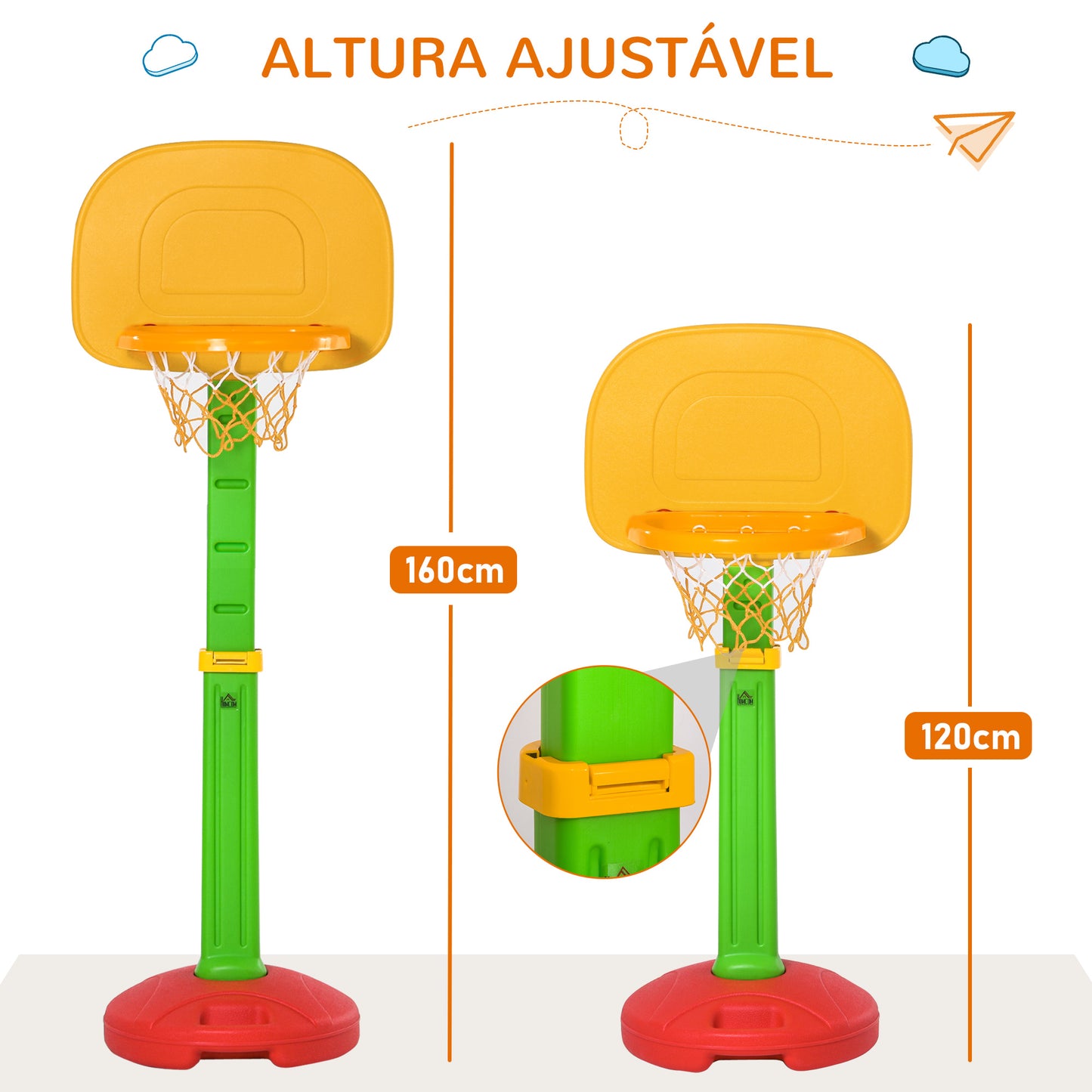 HOMCOM Tabela de Basquetebol Infantil para Crianças acima de 3 anos Altura Ajustável 2 Bolas e Inflador 52,5x44x120-160cm Amarelo Verde Vermelho