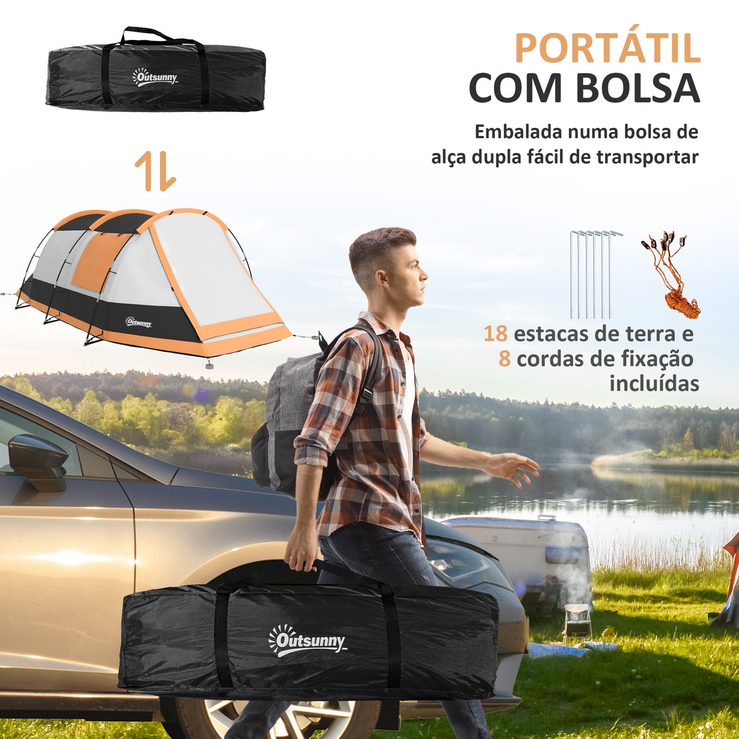 Outsunny Tenda de Campismo Familiar para 3-4 Pessoas Tenda de Campismo Dobrável com 2 Quartos e Bolsa de Transporte Impermeável para Trekking 370x220x130 cm Laranja e Cinza