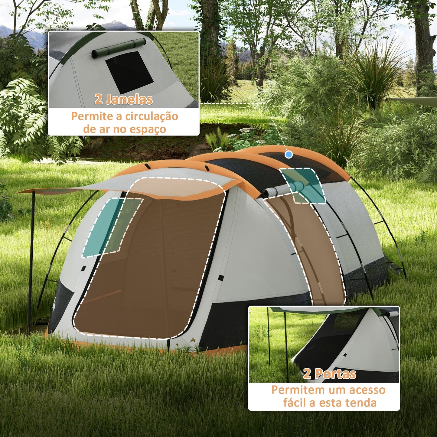 Outsunny Tenda de Campismo Familiar para 3-4 Pessoas Tenda de Campismo Dobrável com 2 Quartos e Bolsa de Transporte Impermeável para Trekking 370x220x130 cm Laranja e Cinza