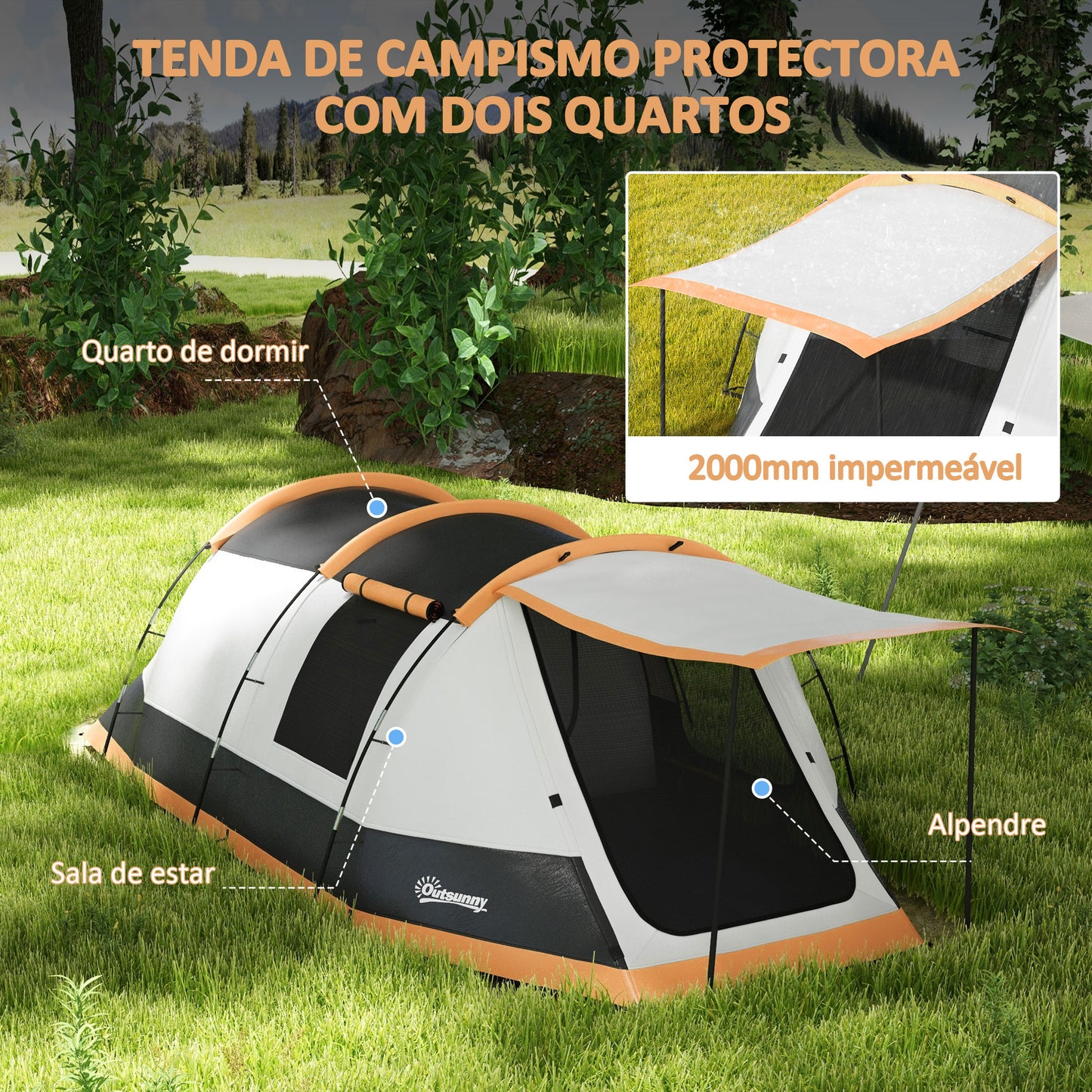 Outsunny Tenda de Campismo Familiar para 3-4 Pessoas Tenda de Campismo Dobrável com 2 Quartos e Bolsa de Transporte Impermeável para Trekking 370x220x130 cm Laranja e Cinza