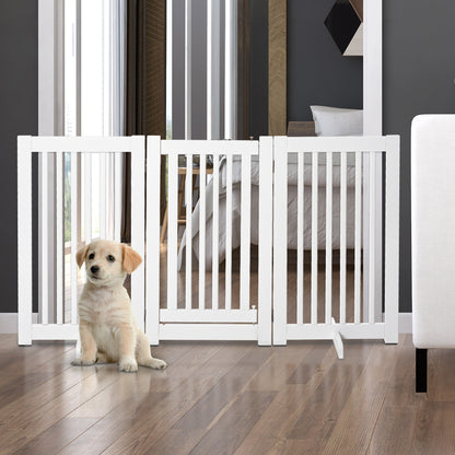 PawHut Barreira para Cães de Madeira Barreira para Animais de Estimação Dobrável de 3 Painéis com 1 Porta e Pés de Apoio para Corredor Escada 155x35,5x76 cm Branco