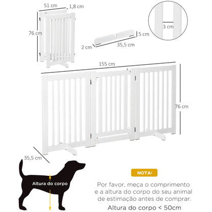 PawHut Barreira para Cães de Madeira Barreira para Animais de Estimação Dobrável de 3 Painéis com 1 Porta e Pés de Apoio para Corredor Escada 155x35,5x76 cm Branco