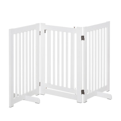 PawHut Barreira para Cães de Madeira Barreira para Animais de Estimação Dobrável de 3 Painéis com 1 Porta e Pés de Apoio para Corredor Escada 155x35,5x76 cm Branco