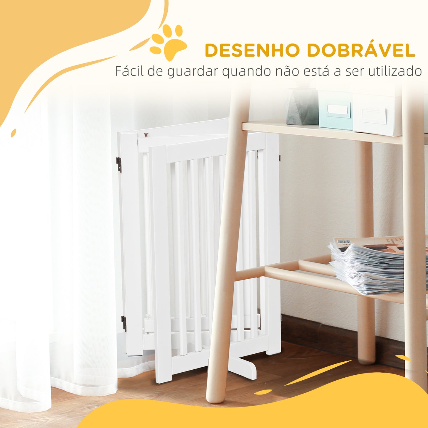 PawHut Barreira para Cães de Madeira Barreira para Animais de Estimação Dobrável de 3 Painéis com 1 Porta e Pés de Apoio para Corredor Escada 155x35,5x76 cm Branco