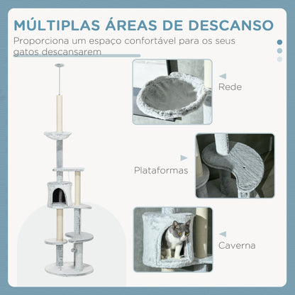 PawHut Arranhador para Gatos de 255 cm Torre para Gatos de Teto com Altura Ajustável Caverna Plataformas Rede Postes de Arranhar e Bolas Suspensas Ø60x225-255 cm Cinza