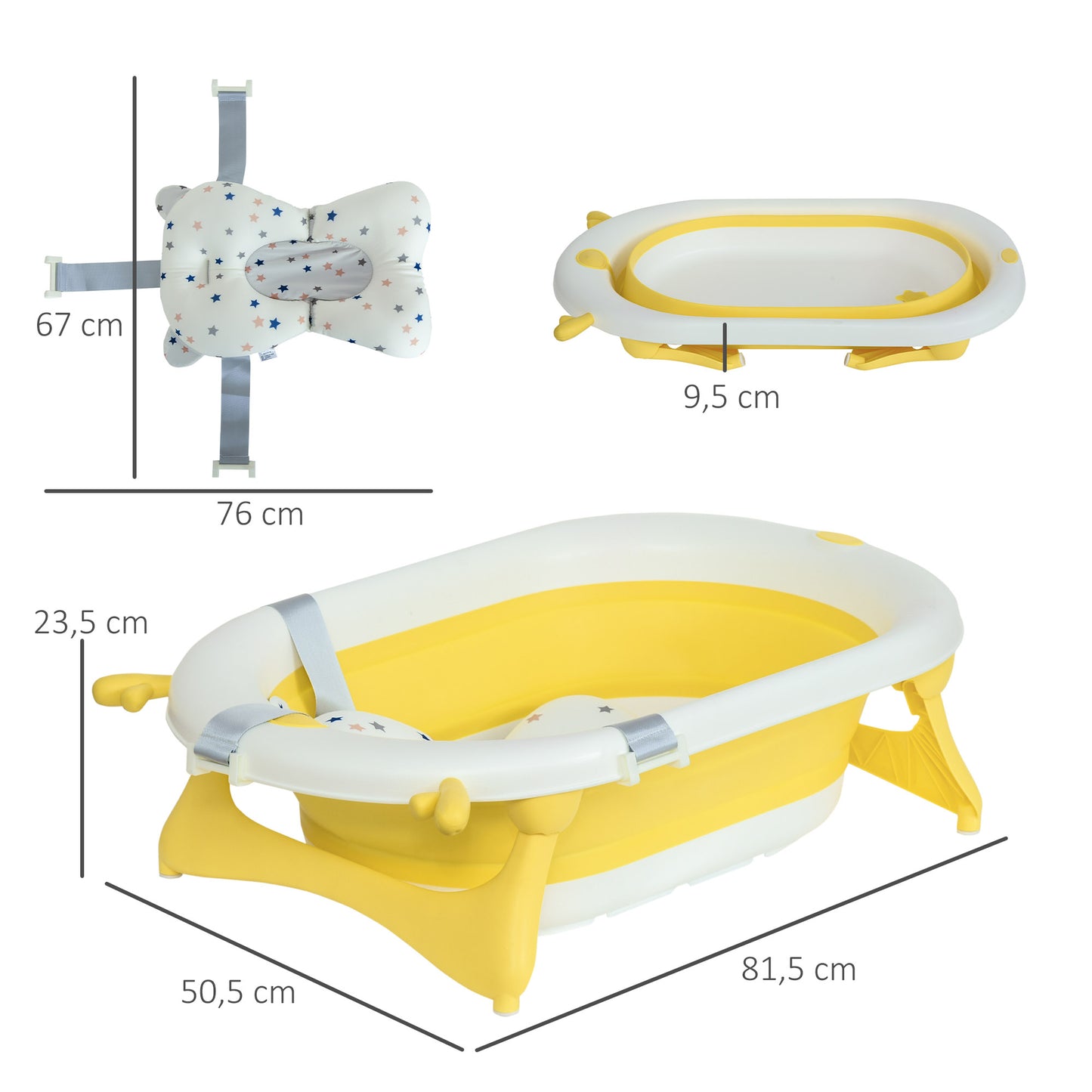 HOMCOM Banheira para Bebé Recém Nascido até 3 Anos Dobrável 30 Litros com Tampa Termossensível e Almofada Confortável Almofadas Antiderrapantes 81,5x50,5x23,5cm Amarelo e Branco