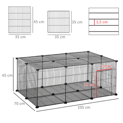 PawHut Recinto para Animais de Estimação DIY Recinto para Pequenos Animais com 22 Painéis e Porta Recinto Modular para Coelhos 105x70x45 cm Preto