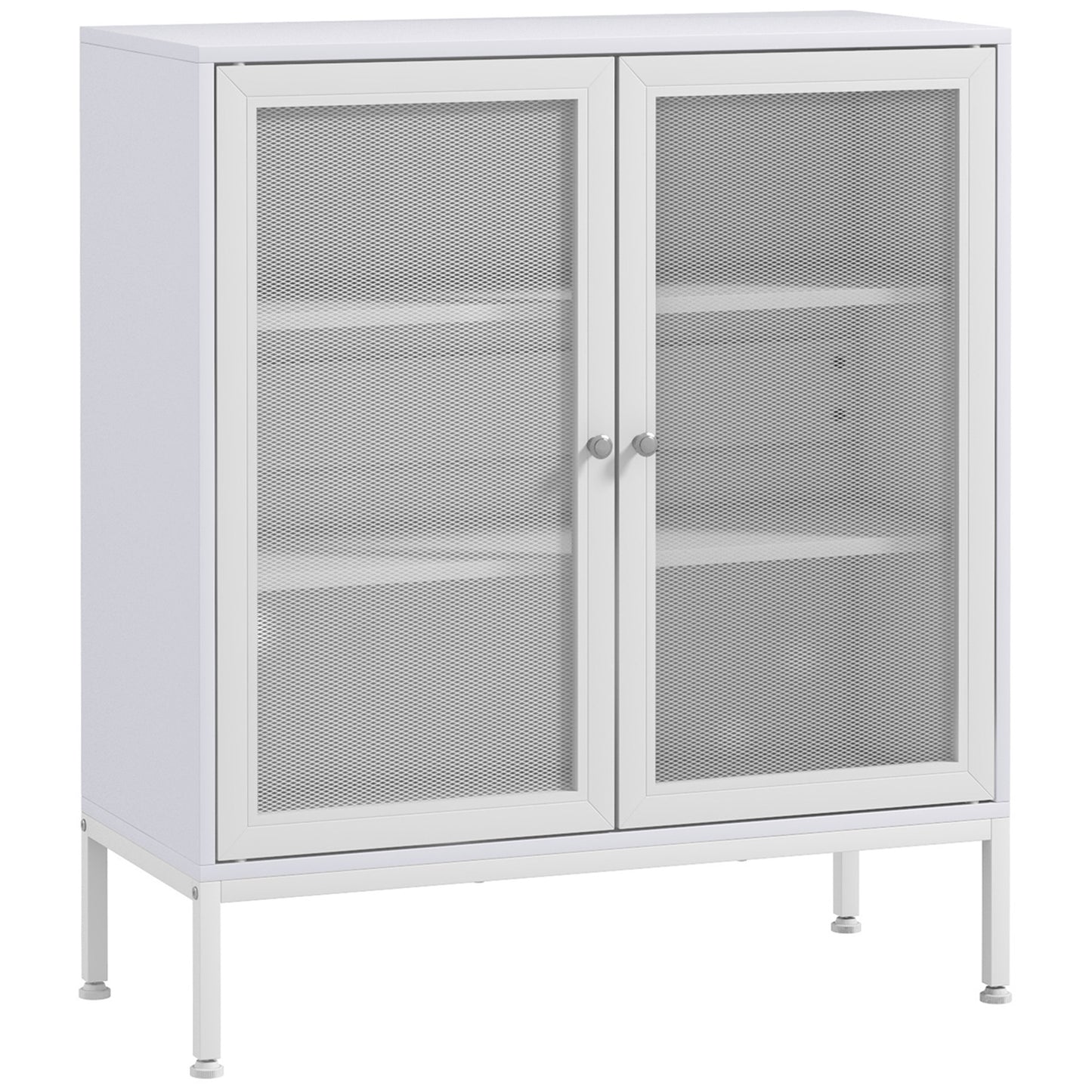 HOMCOM Aparador de 3 Níveis Móvel Auxiliar com Portas de Malha e Prateleira Ajustável Aparador de Cozinha Moderno para Sala 80x37x92 cm Branco