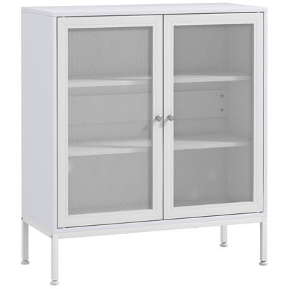 HOMCOM Aparador de 3 Níveis Móvel Auxiliar com Portas de Malha e Prateleira Ajustável Aparador de Cozinha Moderno para Sala 80x37x92 cm Branco