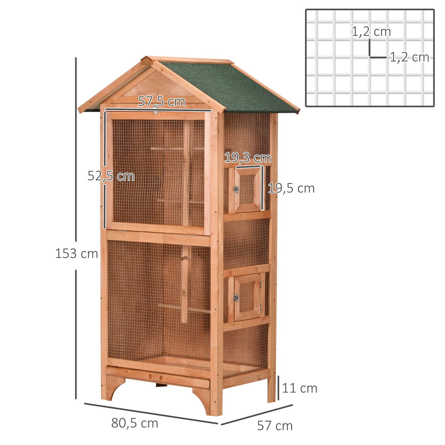 PawHut Gaiola para Pássaros Gaiola para Pássaros de Madeira com 3 Portas 4 Poleiros Bandeja Amovível e Teto Asfáltico 80,5x57x153 cm Natural