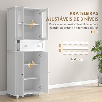 HOMCOM Armário de Cozinha Móvel Auxiliar de Cozinha com 2 Portas de Vidro Temperado Gaveta e Prateleiras Ajustáveis para Sala 61x35x168,5 cm Branco