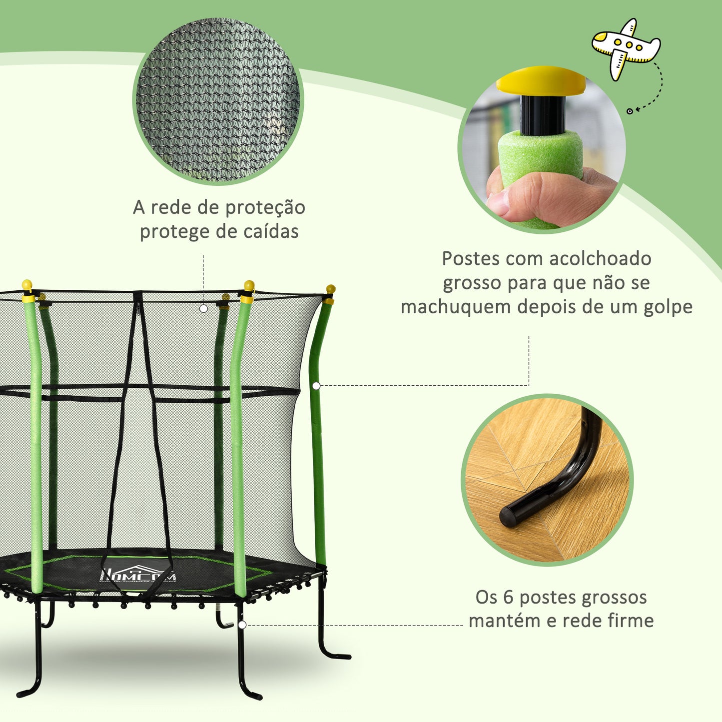 HOMCOM Trampolim para Crianças acima de 3 Anos Cama Elástica Infantil com Superfície de Salto Ø120 cm Rede de Segurança e Estrutura de Aço para Interiores e Exteriores Carga 50kg Ø160x163,5 cm Verde