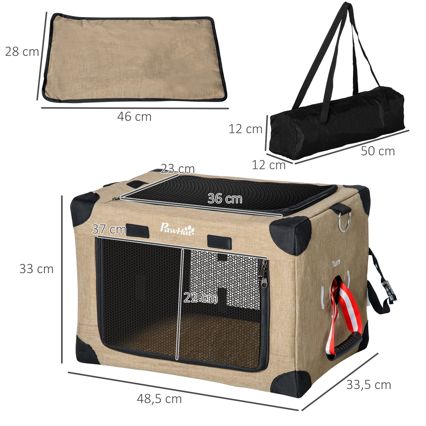 PawHut Mochila Transportadora para Cães e Gatos Pequenos Bolsa de Transporte para Animais de Estimação Dobrável com Almofada Removível e Correia de Transporte Ajustável para Viagem 48,5x33,5x33cm Cáqui e Preto