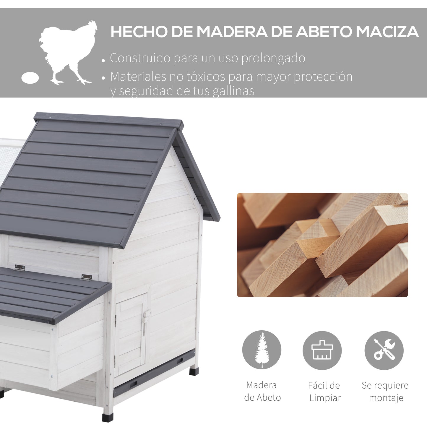 PawHut Galinheiro de Madeira para Exterior Gaiola para Galinhas de 2 Níveis 166x120x112cm com Cercado de Arame Caixa Ninho Bandeja Removível e Rampa Cinza e Branco