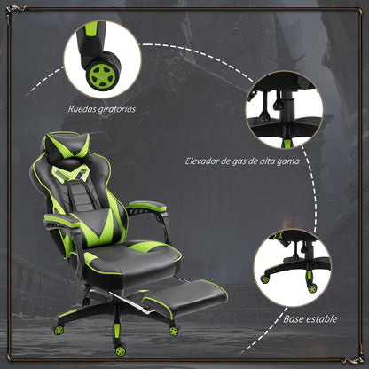 Vinsetto Cadeira de escritorio gaming ergonômica Altura ajustável Reclinável Encosto com apoio para pés Encosto de cabeça Almofada lombar Rodas 65x70x118,5-126,5 cm Verde e Preto