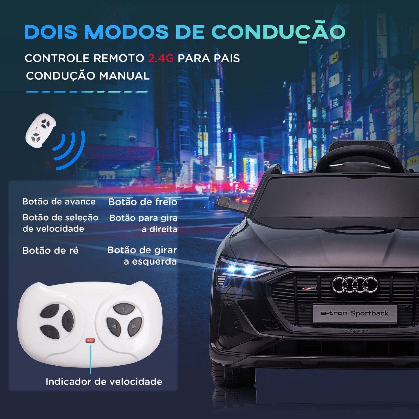 HOMCOM Carro Elétrico Audi E-Tron 12V para Crianças acima de 3 Anos com Controle Remoto Faróis Buzina Música MP3 TF USB e Abertura da Porta 3-8km/h 108x60x47 cm Preto