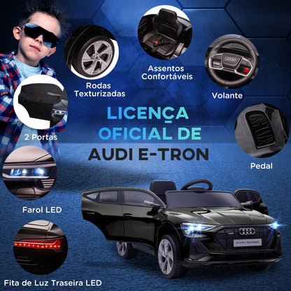 HOMCOM Carro Elétrico Audi E-Tron 12V para Crianças acima de 3 Anos com Controle Remoto Faróis Buzina Música MP3 TF USB e Abertura da Porta 3-8km/h 108x60x47 cm Preto