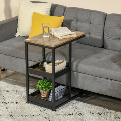 HOMCOM Mesa Auxiliar Industrial Mesa Auxiliar em Forma de C com Rodas Prateleiras Abertas e Estrutura de Aço para Sala de Estar Dormitório 51x33x66 cm Marrom Escuro e Preto