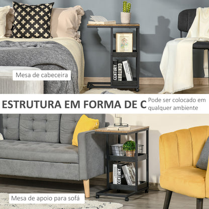 HOMCOM Mesa Auxiliar Industrial Mesa Auxiliar em Forma de C com Rodas Prateleiras Abertas e Estrutura de Aço para Sala de Estar Dormitório 51x33x66 cm Marrom Escuro e Preto