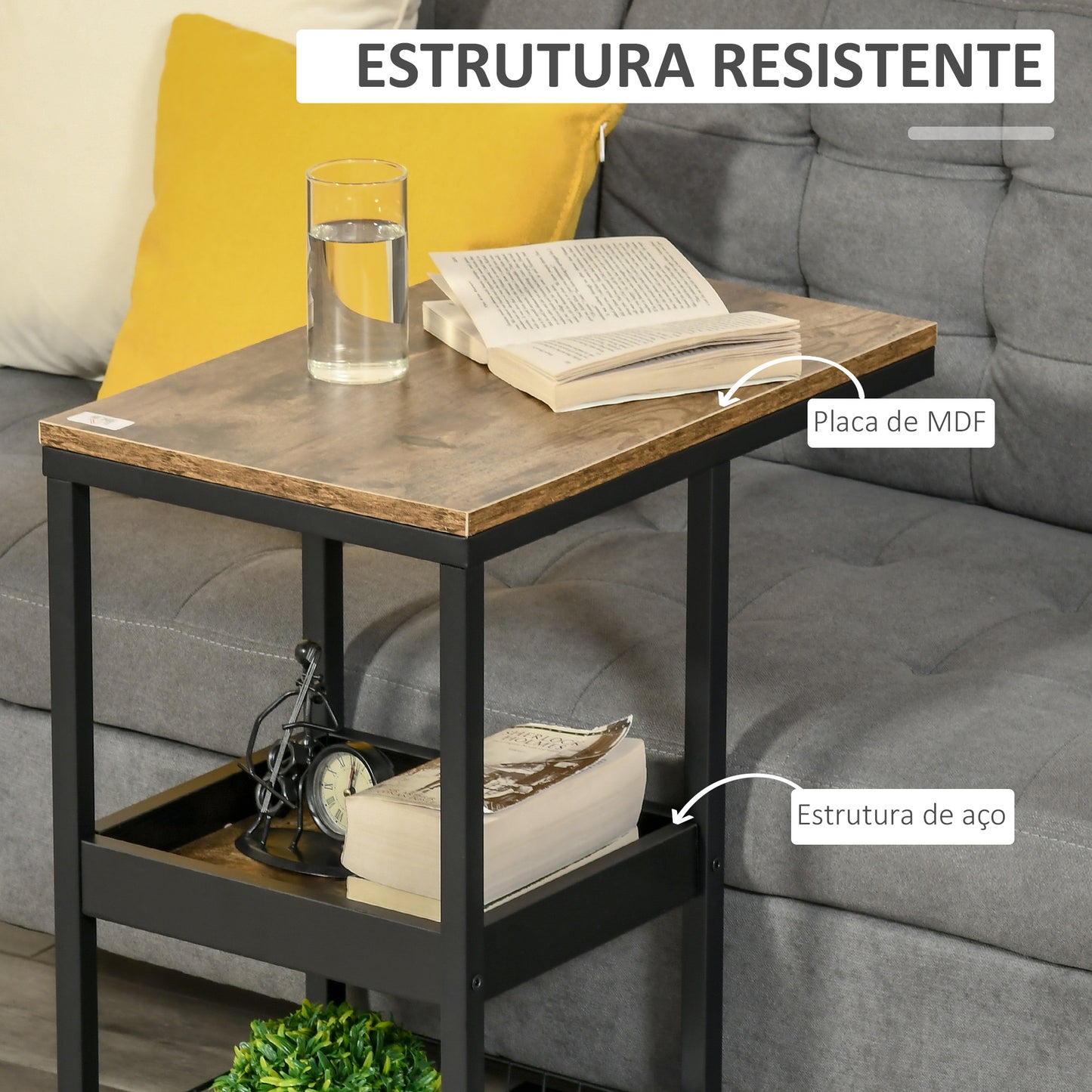 HOMCOM Mesa Auxiliar Industrial Mesa Auxiliar em Forma de C com Rodas Prateleiras Abertas e Estrutura de Aço para Sala de Estar Dormitório 51x33x66 cm Marrom Escuro e Preto