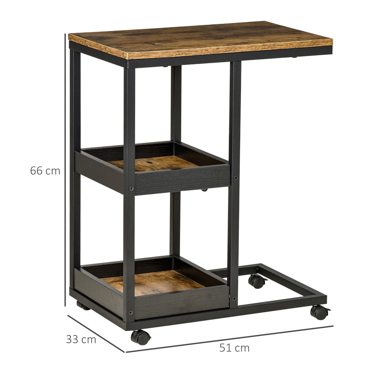 HOMCOM Mesa Auxiliar Industrial Mesa Auxiliar em Forma de C com Rodas Prateleiras Abertas e Estrutura de Aço para Sala de Estar Dormitório 51x33x66 cm Marrom Escuro e Preto