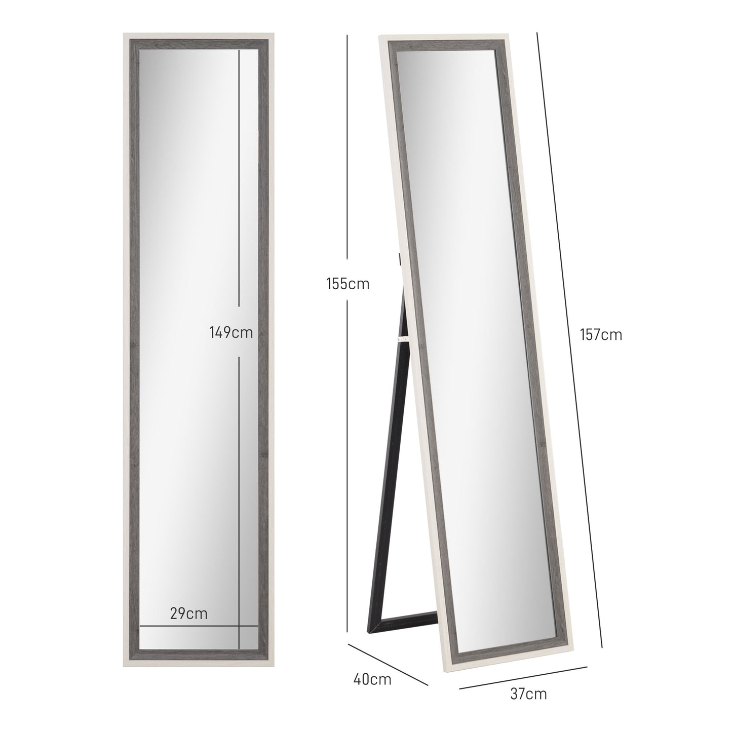 HOMCOM Espelho de Pé 37x157 cm Espelho de Corpo Inteiro com Estrutura de MDF e Suporte para Sala de Estar Dormitório Branco e Cinza