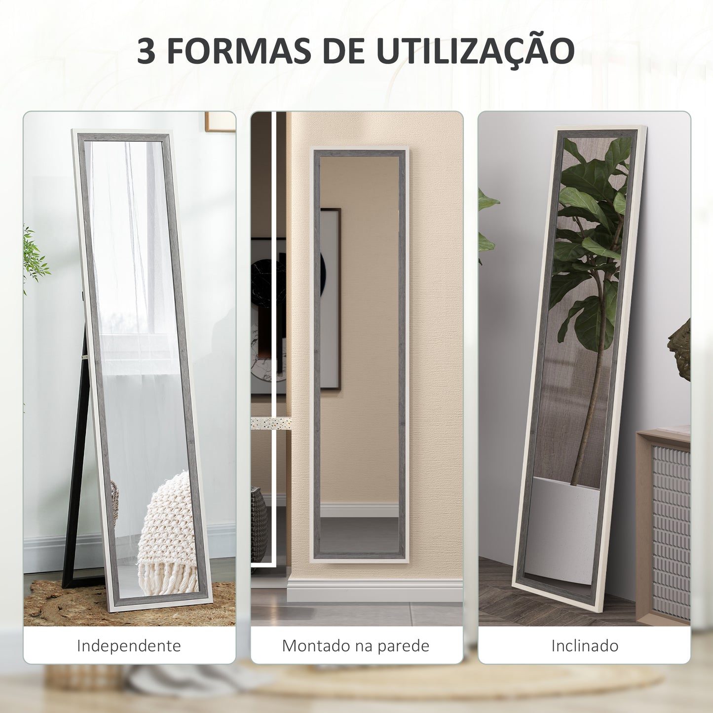 HOMCOM Espelho de Pé 37x157 cm Espelho de Corpo Inteiro com Estrutura de MDF e Suporte para Sala de Estar Dormitório Branco e Cinza