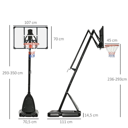 SPORTNOW Tabela de Basquetebol com Altura Ajustável 293-350 cm Tabela de Basquetebol com Rodas Base Preenchida com Água ou Areia para Exterior 111x70,5x293-350 cm Preto