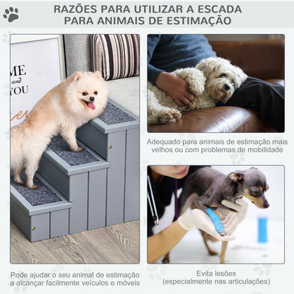 PawHut Escada para Animais de Estimação com 3 Degraus Espaço de Armazenamento e Tapete Antiderrapante Portátil Carga Máxima 30 kg 40,5x44,5x38 cm Cinza