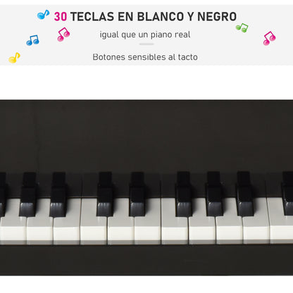 HOMCOM Piano de Cauda Infantil com 30 Teclas Banco Suporte de Partituras Piano para Crianças de MDF Instrumento Musical Educativo 52x50x49cm Preto