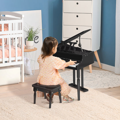 HOMCOM Piano de Cauda Infantil com 30 Teclas Banco Suporte de Partituras Piano para Crianças de MDF Instrumento Musical Educativo 52x50x49cm Preto