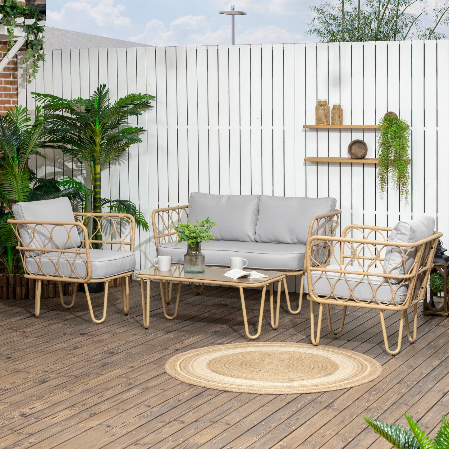 Outsunny Conjunto de Jardim de 4 Peças em Vime Sintético com 2 Poltronas 1 Sofá de 2 Lugares 1 Mesa de Centro e Almofadas Natural e Cinza