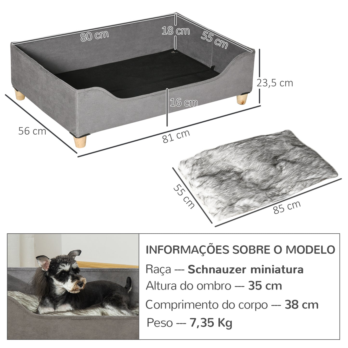 PawHut Sofá para Cães Gatos Cama para Animais de Estimação Pequenos e Médios com Almofada Removível Lavável e Pés Elevados de Madeira 81x56x23,5cm Cinza