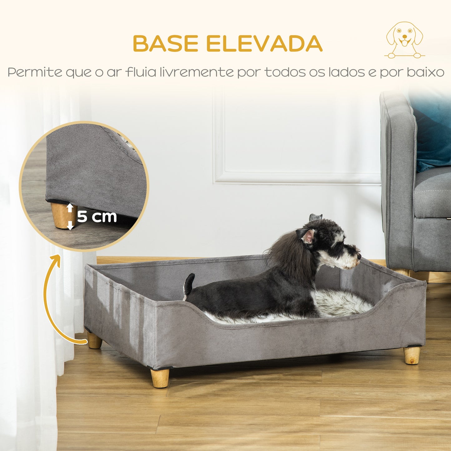 PawHut Sofá para Cães Gatos Cama para Animais de Estimação Pequenos e Médios com Almofada Removível Lavável e Pés Elevados de Madeira 81x56x23,5cm Cinza