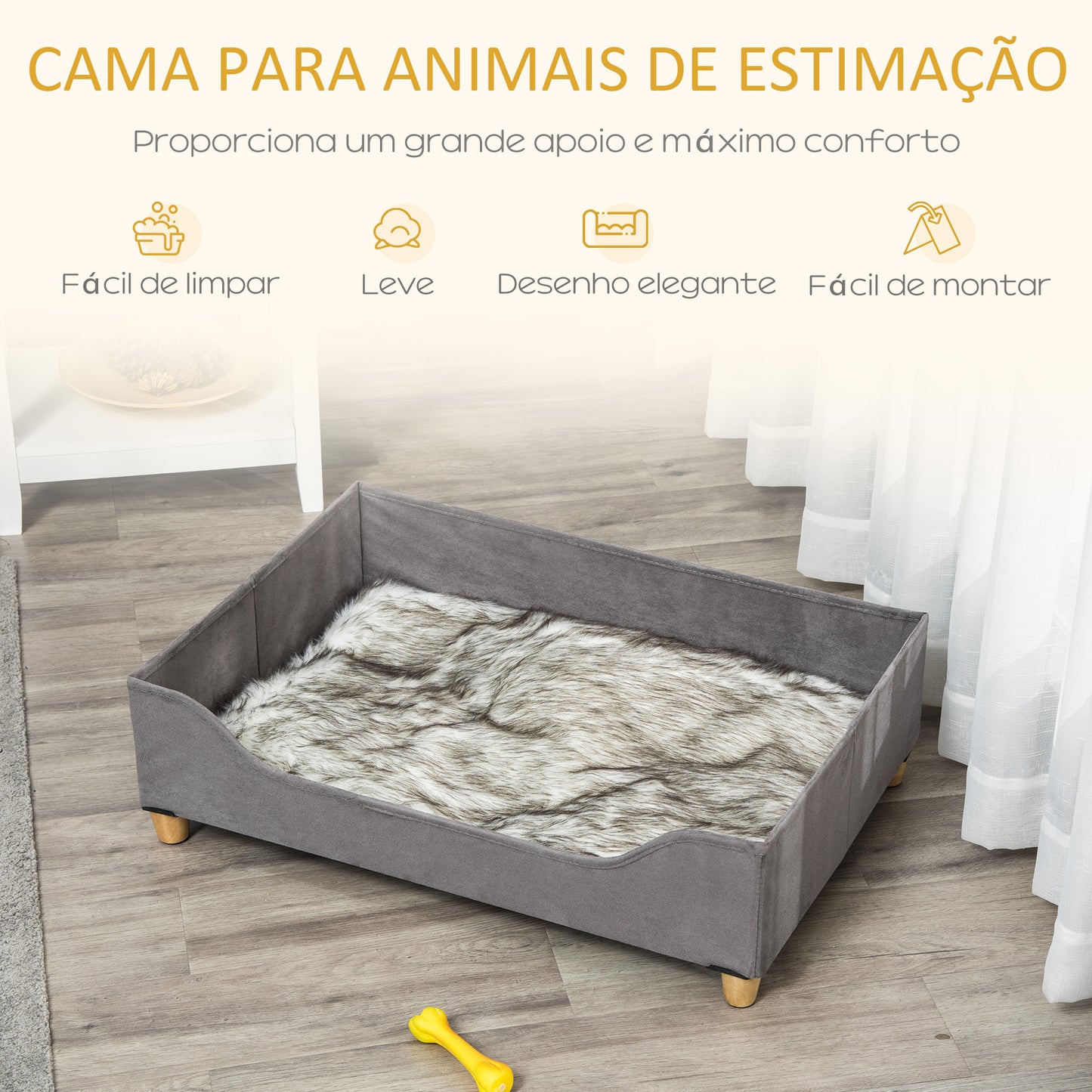 PawHut Sofá para Cães Gatos Cama para Animais de Estimação Pequenos e Médios com Almofada Removível Lavável e Pés Elevados de Madeira 81x56x23,5cm Cinza