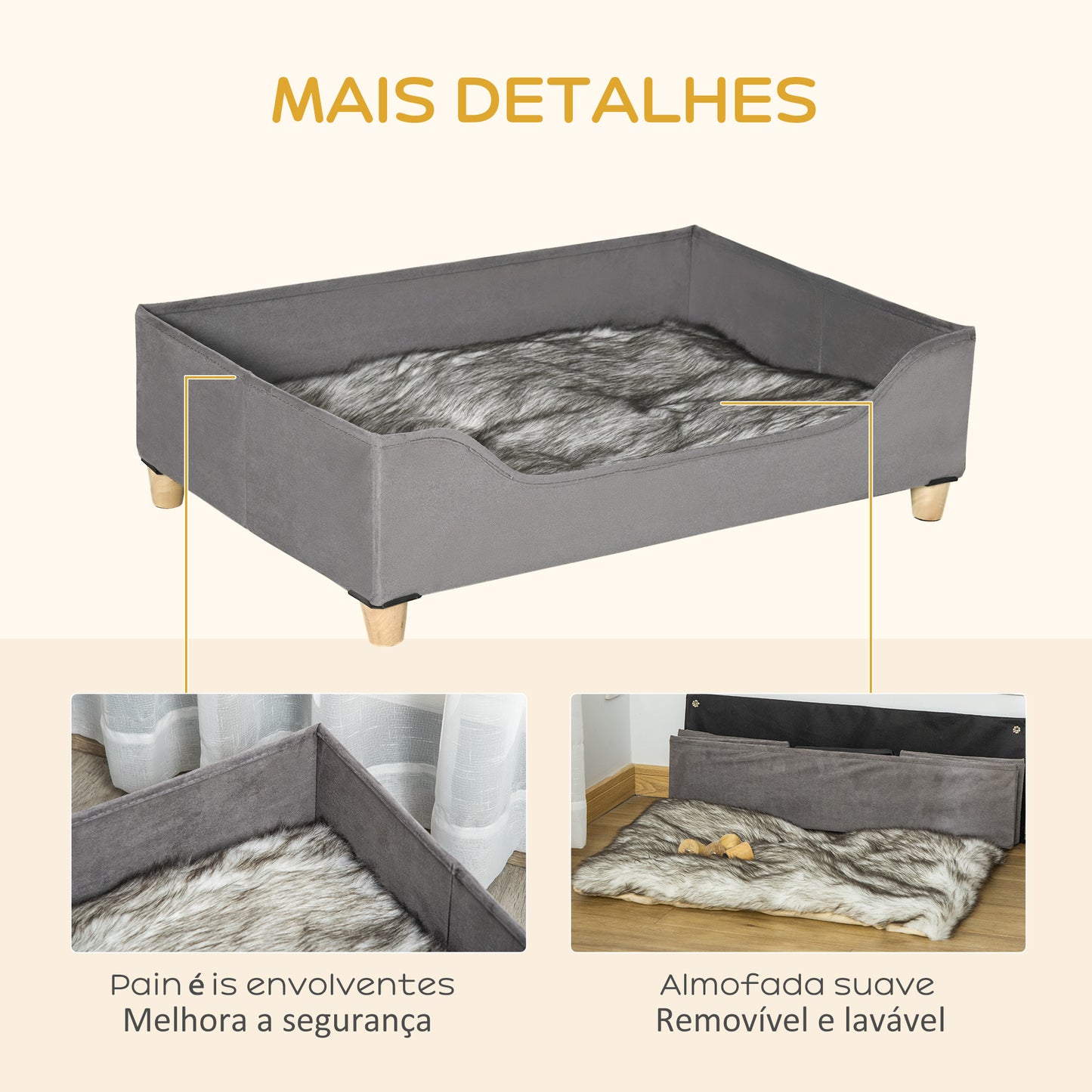 PawHut Sofá para Cães Gatos Cama para Animais de Estimação Pequenos e Médios com Almofada Removível Lavável e Pés Elevados de Madeira 81x56x23,5cm Cinza