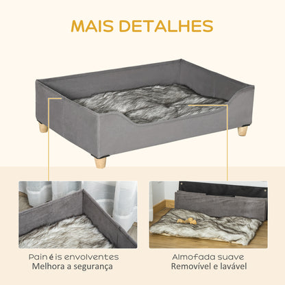 PawHut Sofá para Cães Gatos Cama para Animais de Estimação Pequenos e Médios com Almofada Removível Lavável e Pés Elevados de Madeira 81x56x23,5cm Cinza