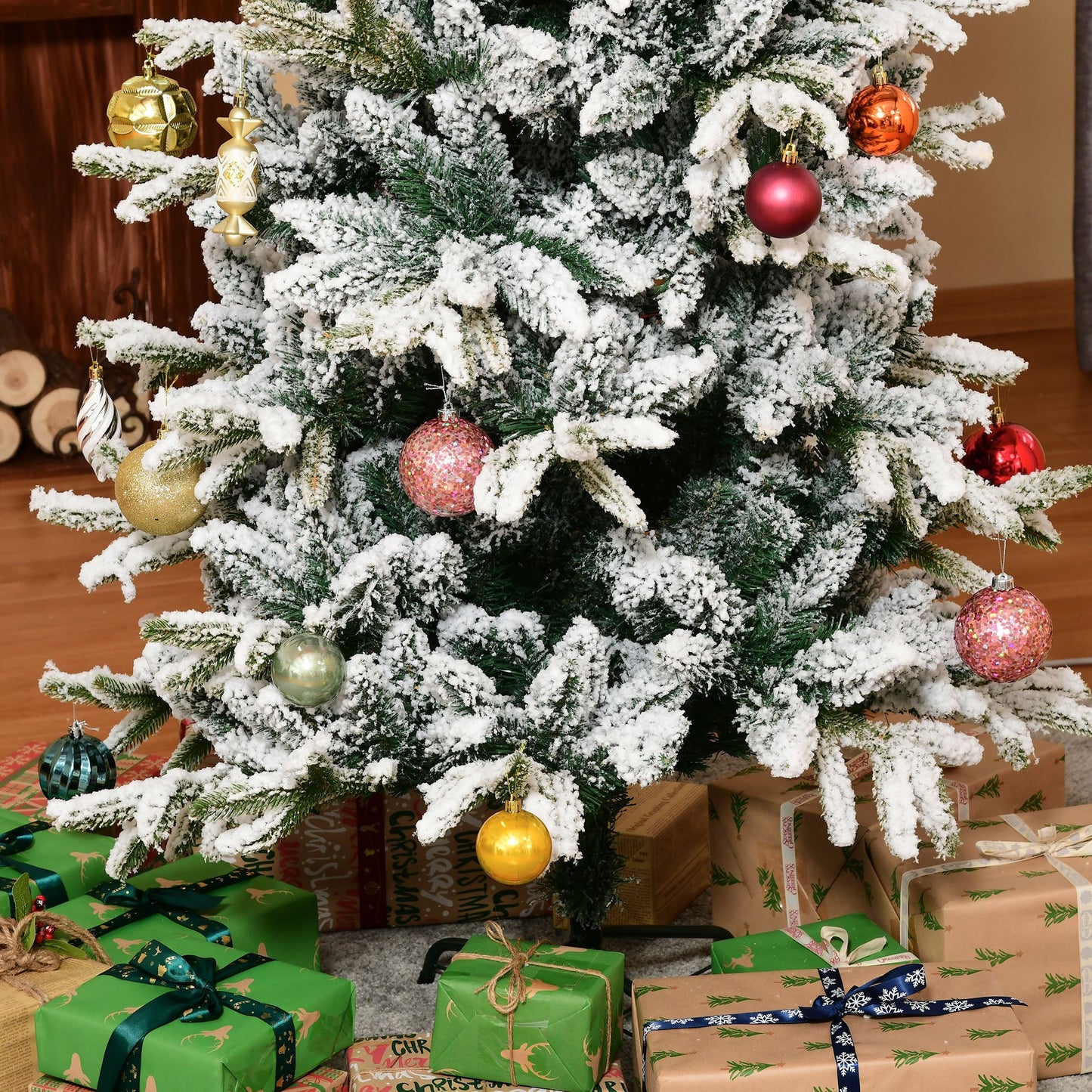 HOMCOM Árvore de Natal Ø95x210cm Neve Artificial com 784 Pontas de Ramos Ignífugos e Suporte de Aço Decoração de Natal para Interiores Verde e Branco