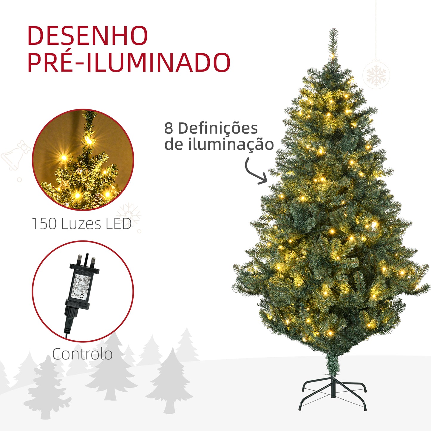 Árvore de Natal Artificial 180 cm com 150 Luzes LED Árvore de Natal com 650 Ramos e 100 Decorações para Interior Aço Ø106x180 cm Verde