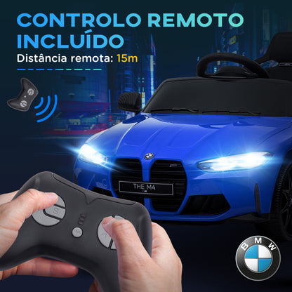 AIYAPLAY Carro Elétrico para Crianças BMW M4 Veículo Elétrico para Crianças 12V com Controlo Remoto Faróis Buzina Música Velocidade 3-5 km/h Cinto de Segurança Azul