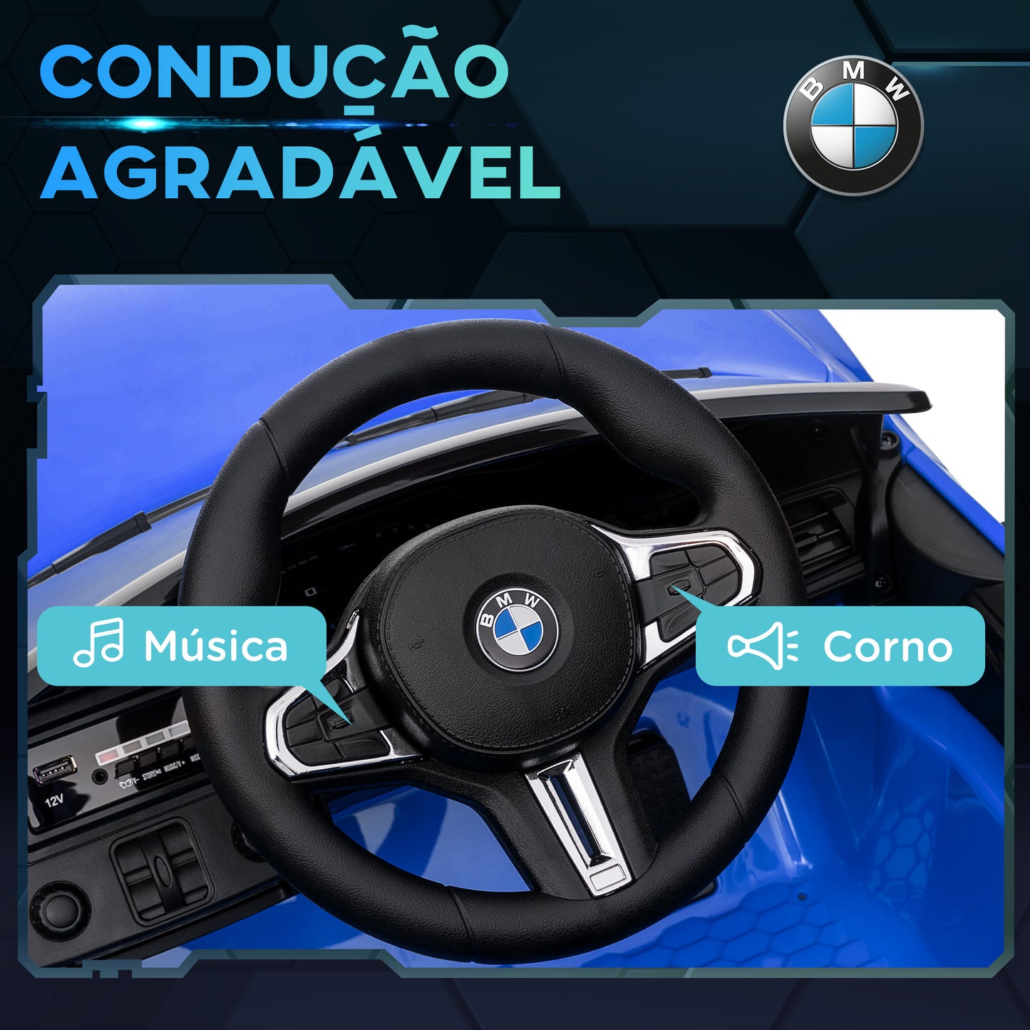 AIYAPLAY Carro Elétrico para Crianças BMW M4 Veículo Elétrico para Crianças 12V com Controlo Remoto Faróis Buzina Música Velocidade 3-5 km/h Cinto de Segurança Azul