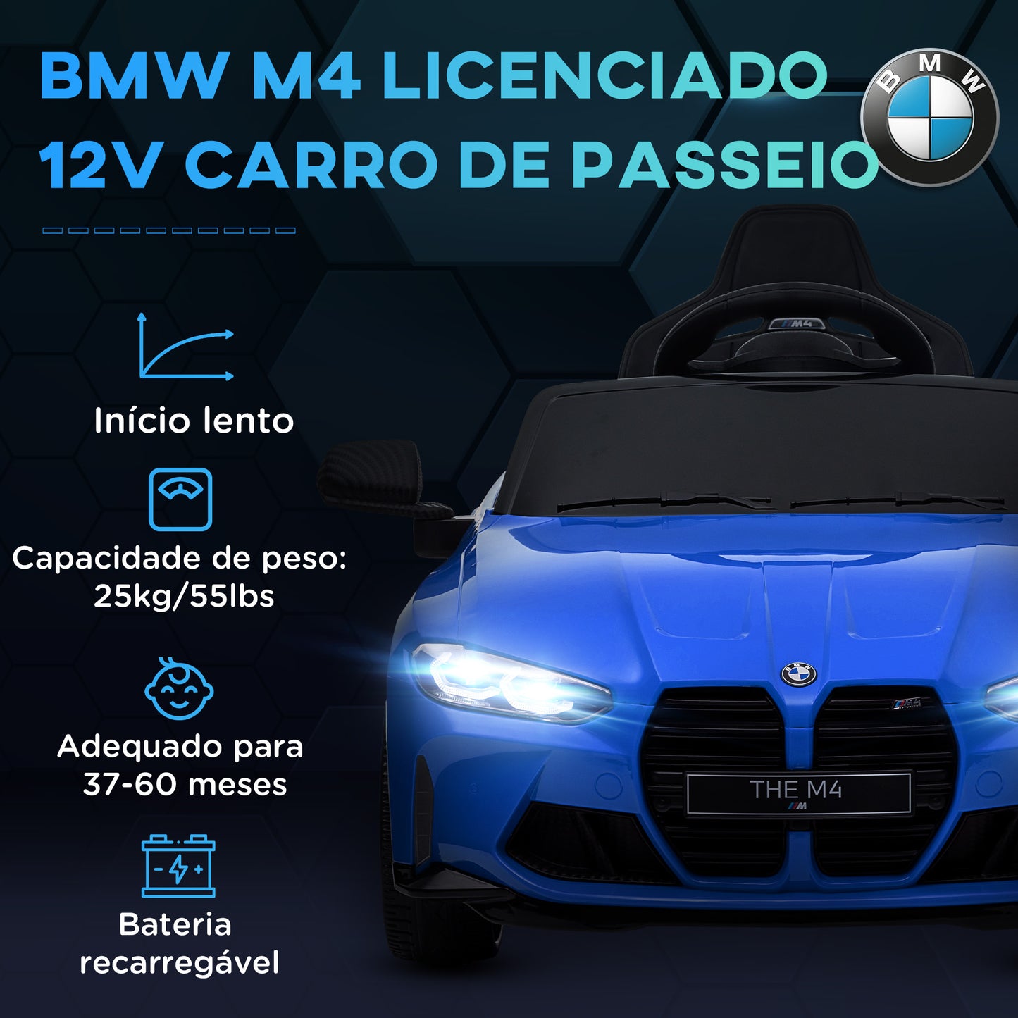 AIYAPLAY Carro Elétrico para Crianças BMW M4 Veículo Elétrico para Crianças 12V com Controlo Remoto Faróis Buzina Música Velocidade 3-5 km/h Cinto de Segurança Azul