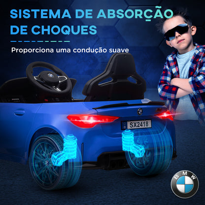 AIYAPLAY Carro Elétrico para Crianças BMW M4 Veículo Elétrico para Crianças 12V com Controlo Remoto Faróis Buzina Música Velocidade 3-5 km/h Cinto de Segurança Azul