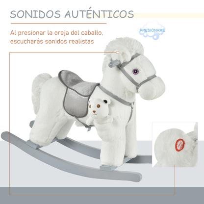 HOMCOM Cavalo Baloiço para Crianças de 18-36 Meses Cavalo de Balançar com Ursinho de Pelúcia Sons de Relinchos e Galopes base de Madeira 65x26x55cm Branco